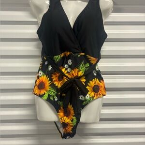 Black and Sunflower Print Swimsuit